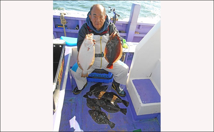 大原沖ヒラメ釣りが絶頂期　乗船取材で2.4kg頭に8尾【春栄丸】