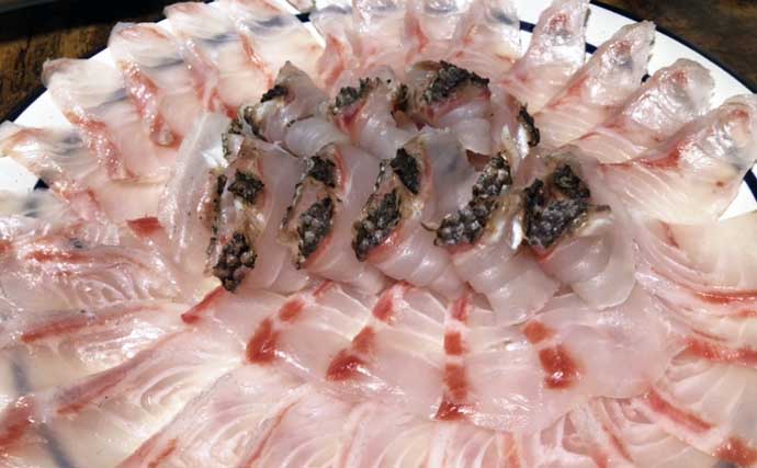 沖磯の根魚ゲーム&フカセ釣りでアカハタにクロ　釣果は豪華お寿司で堪能