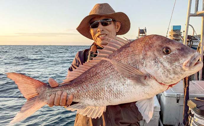 コマセ＆イカのリレー釣りで特大マダイ82cm浮上　タルイカは小型のみ