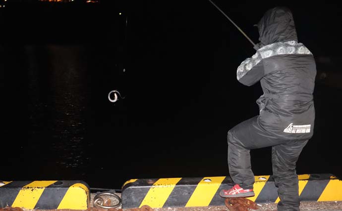 夜の岸壁ブッコミ釣りで60cm級頭にアナゴ20匹超え　時合いには連発