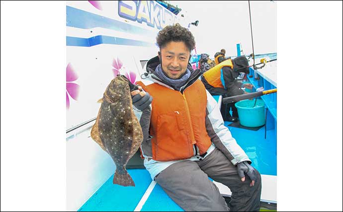 鹿島沖の船ヒラメ釣りで3.5kg頭にトップ6尾　小学生が5尾手中
