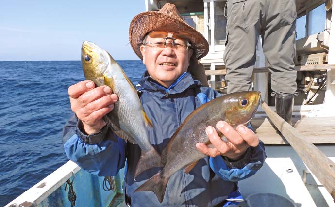 仕立て船でのコマセ五目釣りで35cm級大型イサキ全員安打【千葉・良栄丸】