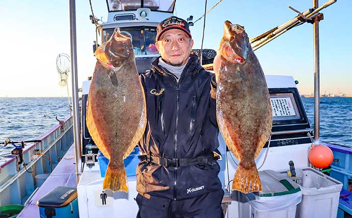 泳がせ釣りで2.3kg頭に釣る人寒ビラメ5尾【茨城・釣友丸】良型率高めか