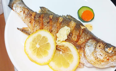 釣魚で作る「フレンチ風」レシピ：ヒラセイゴのステーキ　レモンスライスがアクセント