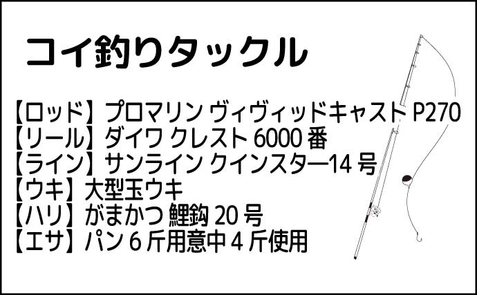 元荒川でのウキ釣りで80cm筆頭に良型コイ4尾【埼玉】食パンエサで足元狙って連発