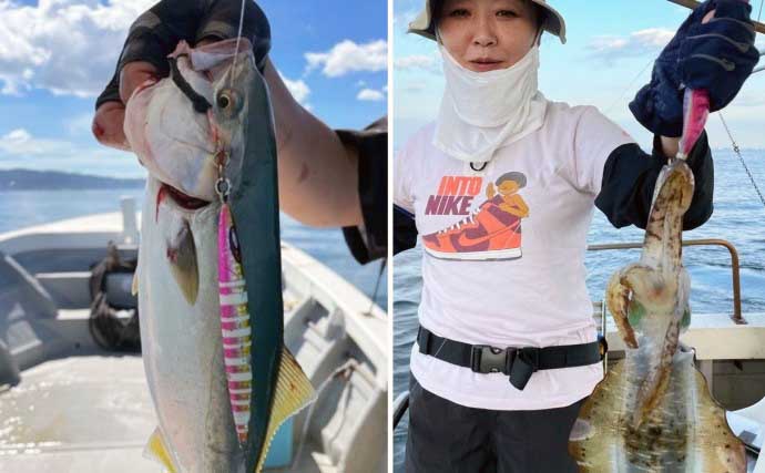 関西エリアの【船釣り特選釣果】淡路島沖の落とし込みサビキ釣りでブリにスズキ浮上