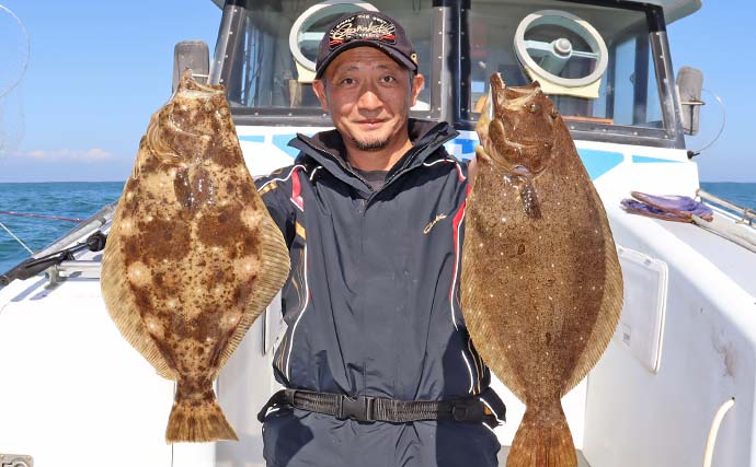 亘理沖の船ヒラメ釣りで70cm頭に釣る人4尾【宮城・大海丸】ゲストにタチウオも顔見せ