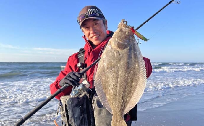 遠州灘サーフルアー釣行で40cm級ヒラメと対面【静岡】好ゲストにメッキとイナダも顔出し