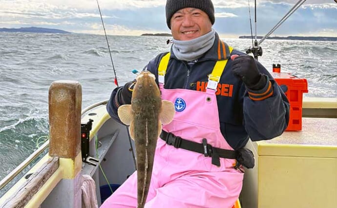 冬マゴチ釣りで低活性の中本命と対面成功【神奈川・新明丸】ゲストにヒラメにトラフグ