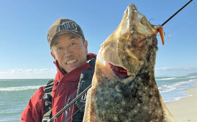 遠州灘サーフルアーフィッシングで50cmヒラメ手中【愛知・田原】同行者もキャッチ成功