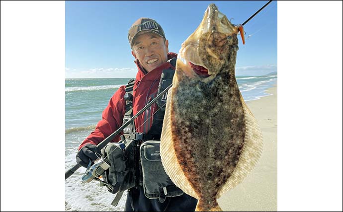 遠州灘サーフルアーフィッシングで50cmヒラメ手中【愛知・田原】同行者もキャッチ成功