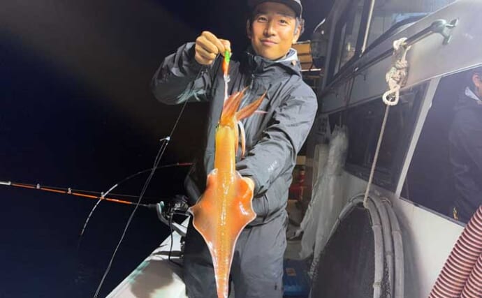 【沖釣り釣果速報】夜焚きイカ釣りでパラソル級含む良型ヤリイカを好捕（福岡）