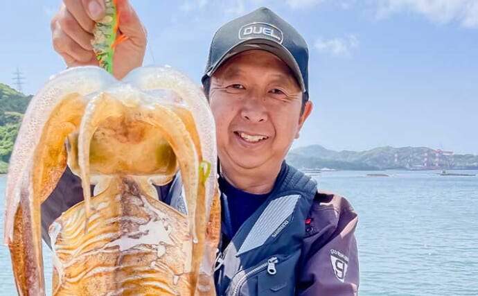 崎戸大島のエギングで2.6kgアオリイカ手中【長崎】濁り潮に強いカラーが的中