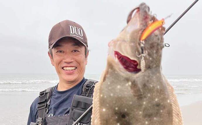 サーフルアーフィッシングで40cmのヒラメを手中【静岡】ビーチウォーカーフリッパーMBにヒット