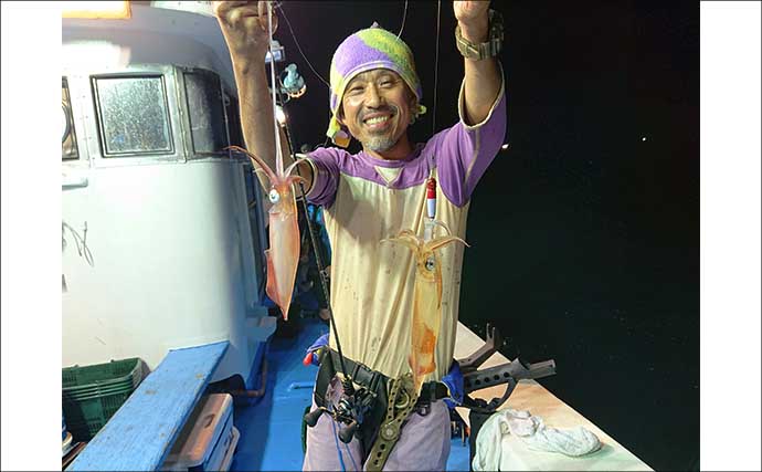 越前沖の夜焚きイカ釣りでマイカが爆釣【福井】軽い鉛スッテが威力を発揮