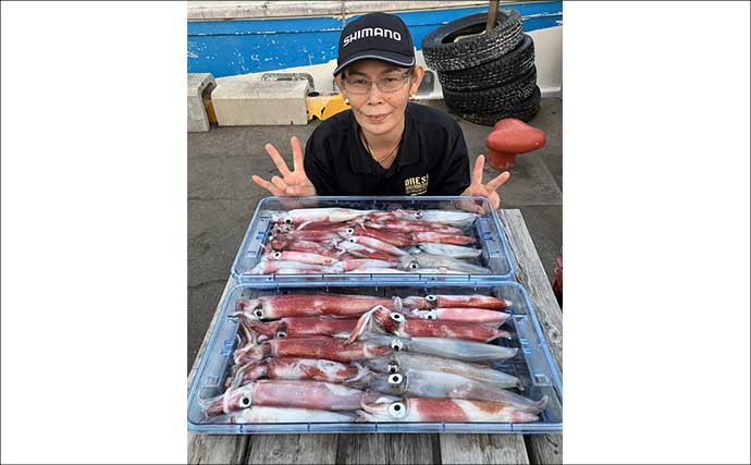 【沖釣り釣果速報】鷹巣沖マイカ狙いのイカメタルゲームで船中トップ54匹！（福井）