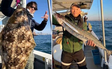 関西エリアの【船釣り特選釣果】ノマセ便で良型ヒラメ＆大型サワラが同日ヒ…