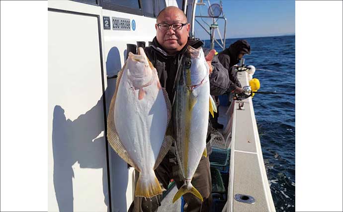 宗像・大島沖の落とし込み釣りで大型ヒラメ2尾に青物手中！【福岡】下げ潮で好転