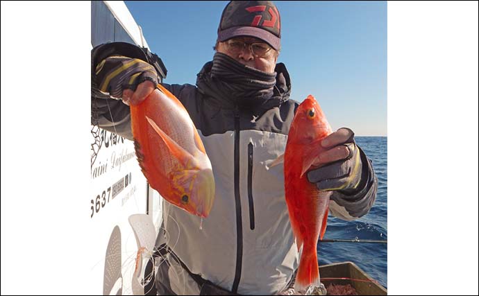 船のアカイサキ釣りで28～30cmダブル達成【福岡・沖ノ島沖】ゲストにチカメキントキ＆タカバも