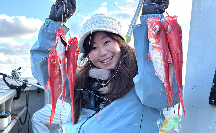 「キンメダイがズラッと提灯行列！」フラッシャーサビキ仕掛けでキンメ多点掛けを達成【千葉・片貝】