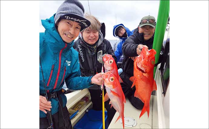 中深海ジギングでキンメダイ6匹キャッチ【太孝丸・静岡】1kgのメタルジグで連発