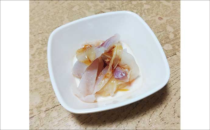 釣魚で作る「酢を使った健康」レシピ：アラカブの酢洗い　市販のガリと一緒に