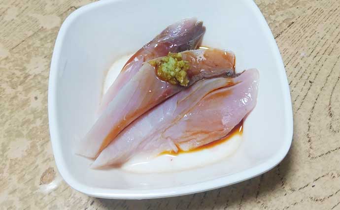 釣魚で作る「刺身アレンジ」レシピ：マルアジの酢洗い　4～5分漬ければOK