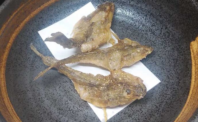 秋が旬の釣り魚レシピ：マハゼの松葉揚げ　粉はできるだけ薄くつけよう