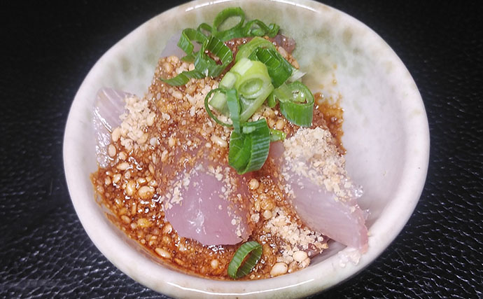 釣った小型青物で作るレシピ：ネリゴのゴマじょう油仕立て　油分プラスで美味しさアップ